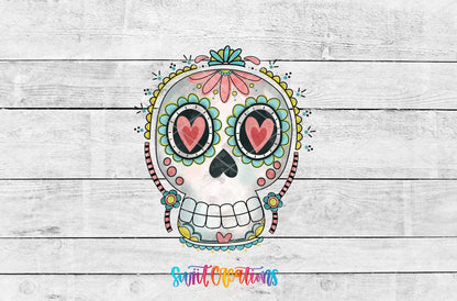 Sugar Skull Heart Eyes UV DTF transfer shown as a full artwork preview from Swiit Creations