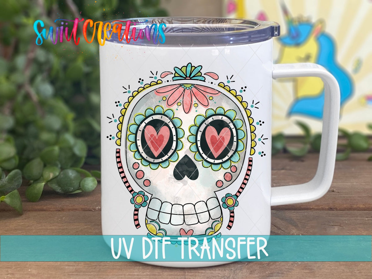 Sugar Skull Heart Eyes UV DTF transfer displayed on a white coffee mug from Swiit Creations