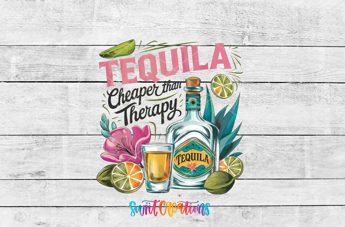 Summer Drinking Tequila Cheaper Than Therapy UV DTF transfer shown as a full artwork preview from Swiit Creations