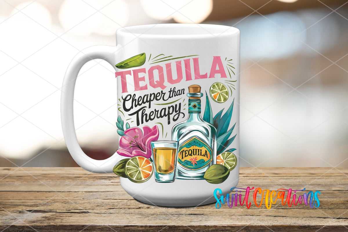 Summer Drinking Tequila Cheaper Than Therapy UV DTF transfer displayed on a white ceramic mug from Swiit Creations