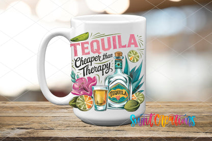 Summer Drinking Tequila Cheaper Than Therapy UV DTF transfer displayed on a white ceramic mug from Swiit Creations