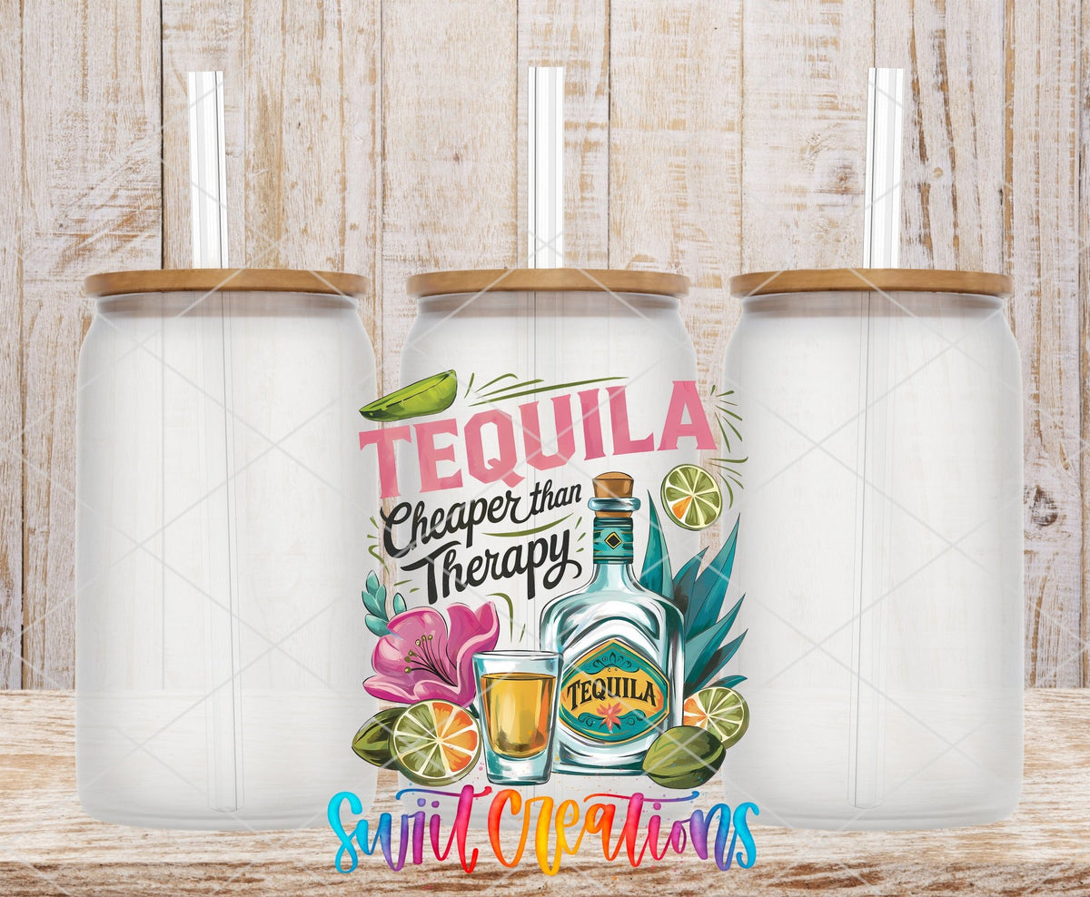 Summer Drinking Tequila Cheaper Than Therapy UV DTF transfer applied to a clear glass can set from Swiit Creations
