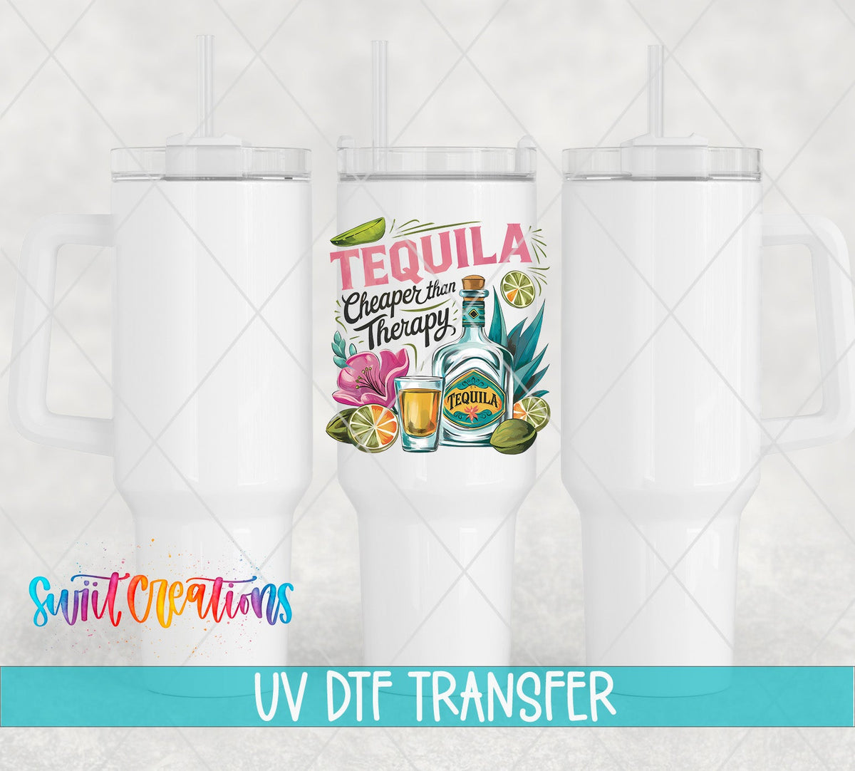 Summer Drinking Tequila Cheaper Than Therapy UV DTF transfer applied to a white tumbler set from Swiit Creations