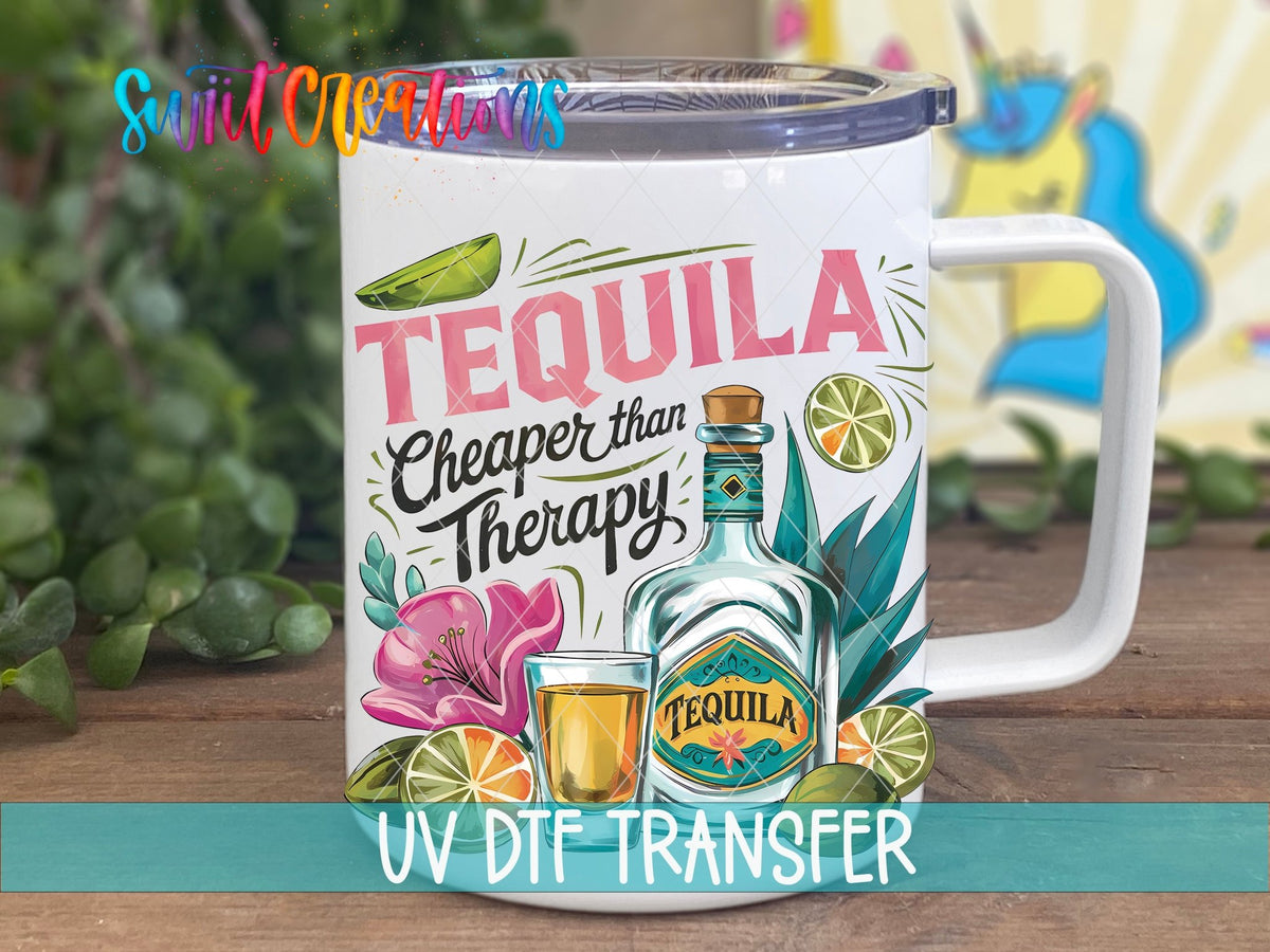 Summer Drinking Tequila Cheaper Than Therapy UV DTF transfer displayed on a white coffee mug from Swiit Creations