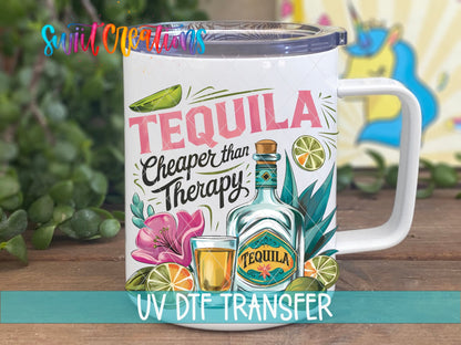 Summer Drinking Tequila Cheaper Than Therapy UV DTF transfer displayed on a white coffee mug from Swiit Creations
