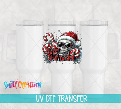 Swiit Creations UV DTF Sweet But Twisted Christmas Skull transfer shown on a white tumbler set