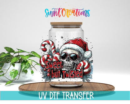 Swiit Creations UV DTF Sweet But Twisted Christmas Skull transfer displayed on a clear jar mockup