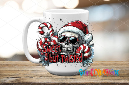 Swiit Creations UV DTF Sweet But Twisted Christmas Skull transfer applied to a white ceramic mug