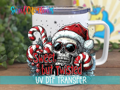 Swiit Creations UV DTF Sweet But Twisted Christmas Skull transfer displayed on a white coffee mug