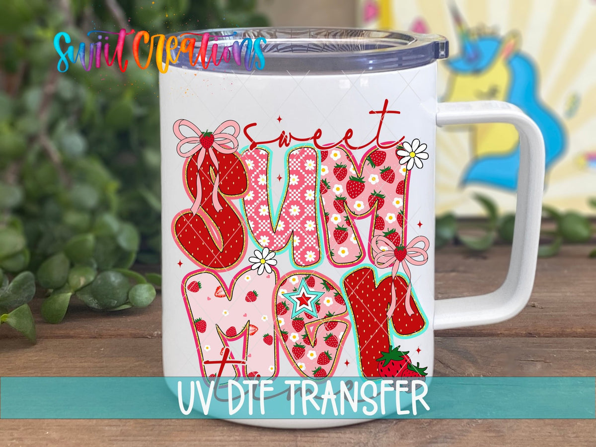 Sweet Summertime UV DTF transfer displayed on a white coffee mug from Swiit Creations