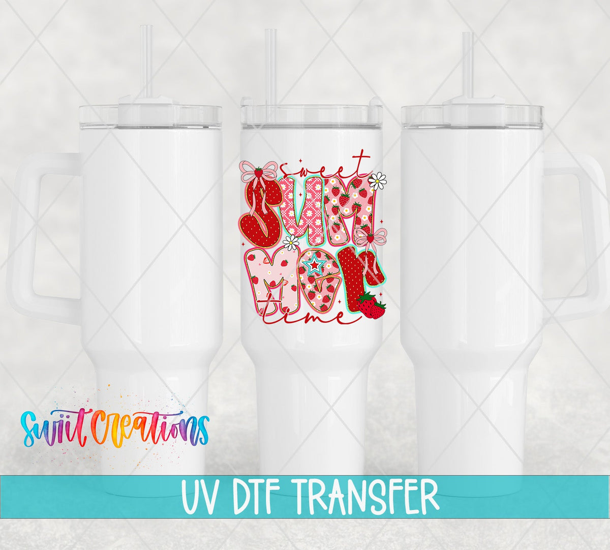 Sweet Summertime UV DTF transfer applied to a white tumbler set from Swiit Creations