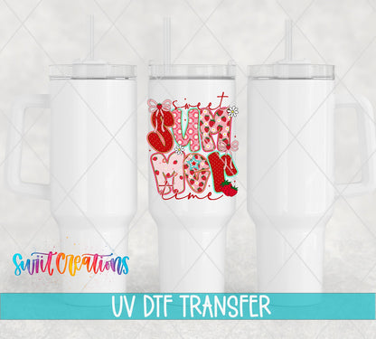 Sweet Summertime UV DTF transfer applied to a white tumbler set from Swiit Creations