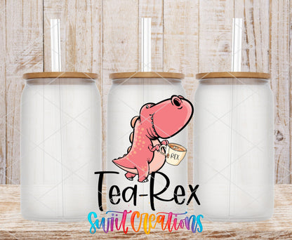 Tea-Rex UV DTF transfer applied to a clear glass can set from Swiit Creations
