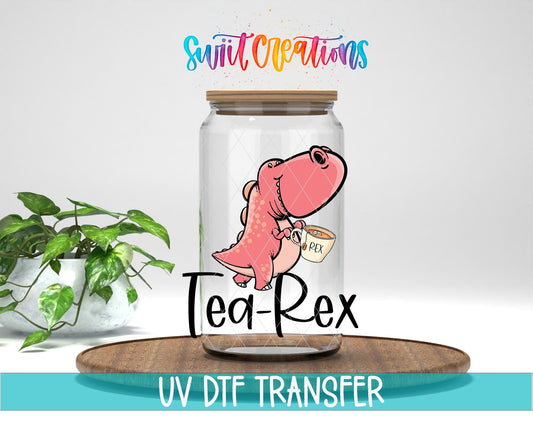 Tea-Rex UV DTF transfer displayed on a clear jar mockup from Swiit Creations