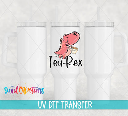 Tea-Rex UV DTF transfer applied to a white tumbler set from Swiit Creations