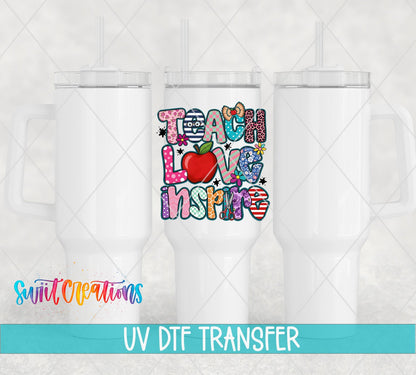 Teach Love Inspire Colorful Teacher UV DTF transfer applied to a white tumbler set from Swiit Creations