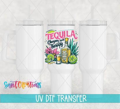 Tequila Cheaper Than Therapy UV DTF transfer applied to a white tumbler set from Swiit Creations