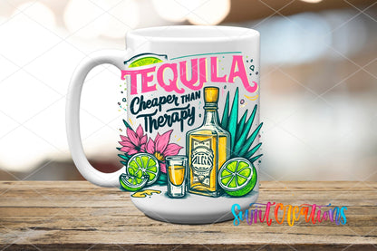 Tequila Cheaper Than Therapy UV DTF transfer displayed on a white ceramic mug from Swiit Creations