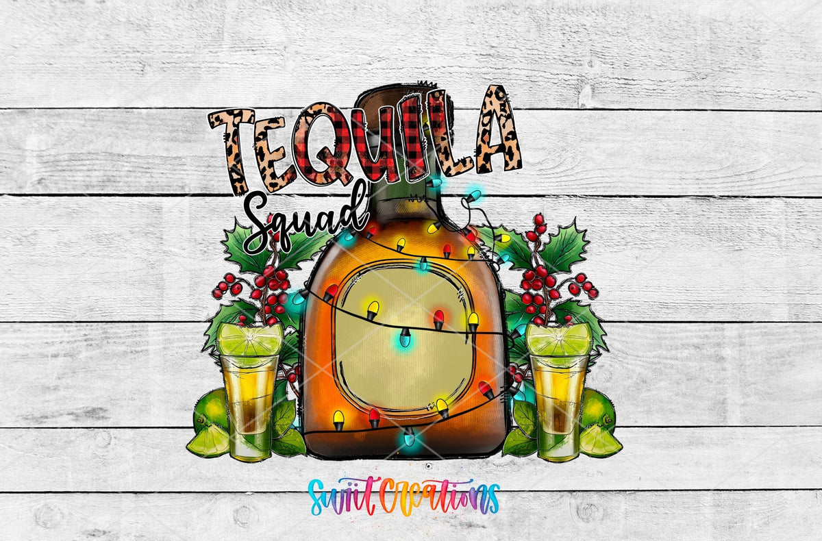 Swiit Creations UV DTF Tequila Squad Christmas transfer shown as the full artwork preview