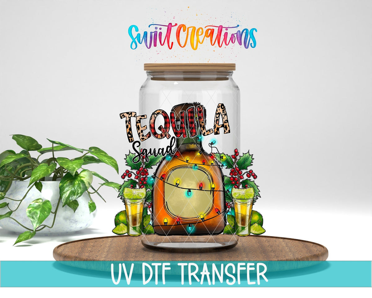 Swiit Creations UV DTF Tequila Squad Christmas transfer displayed on a clear jar mockup