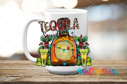 Swiit Creations UV DTF Tequila Squad Christmas transfer applied to a white ceramic mug