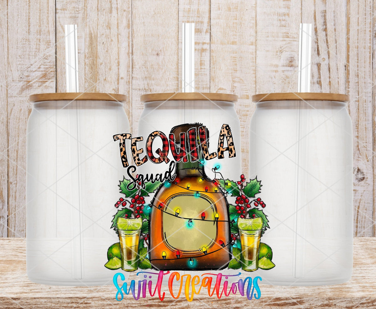 Swiit Creations UV DTF Tequila Squad Christmas transfer shown on a clear glass can set