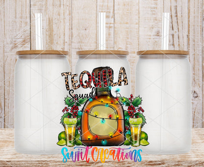 Swiit Creations UV DTF Tequila Squad Christmas transfer shown on a clear glass can set