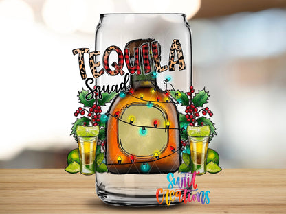 Swiit Creations UV DTF Tequila Squad Christmas transfer applied to a clear glass can