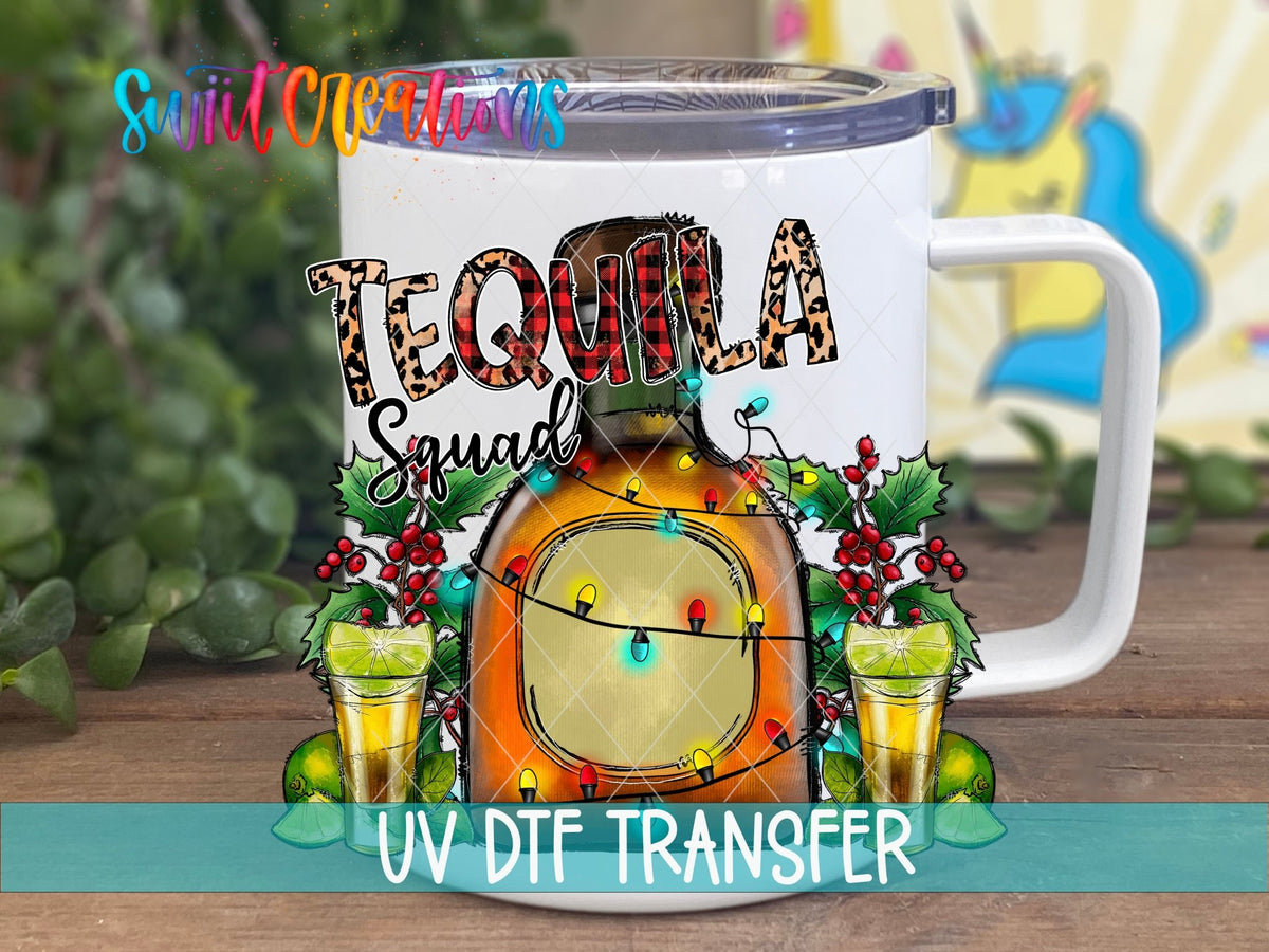 Swiit Creations UV DTF Tequila Squad Christmas transfer displayed on a white coffee mug