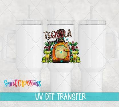 Swiit Creations UV DTF Tequila Squad Christmas transfer shown on a white tumbler set