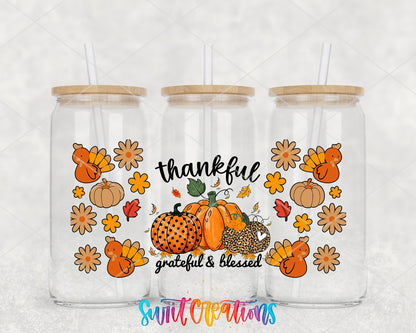 Thankful Grateful And Blessed UV DTF Transfer Tumbler Wrap | Pumpkin Turkey Fall | DTF149 - Swiit Creations