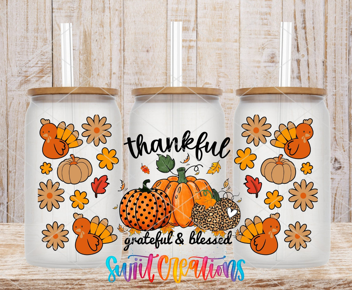 Thankful Grateful And Blessed UV DTF Transfer Tumbler Wrap | Pumpkin Turkey Fall | DTF149 - Swiit Creations