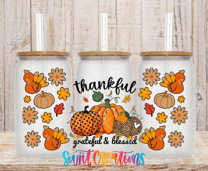 Thankful Grateful And Blessed UV DTF Transfer Tumbler Wrap | Pumpkin Turkey Fall | DTF149 - Swiit Creations