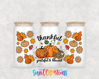 Thankful Grateful And Blessed UV DTF Transfer Tumbler Wrap | Pumpkin Turkey Fall | DTF149 - Swiit Creations