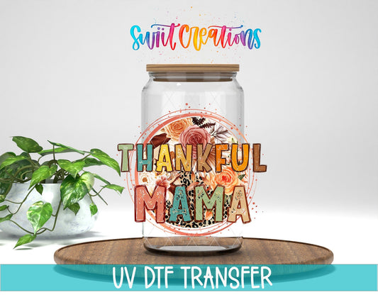 Thankful Mama Fall Floral Leopard UV DTF transfer displayed on a clear jar mockup from Swiit Creations