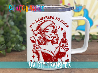 Swiit Creations UV DTF This Christmas Wine Lady transfer displayed on a white coffee mug