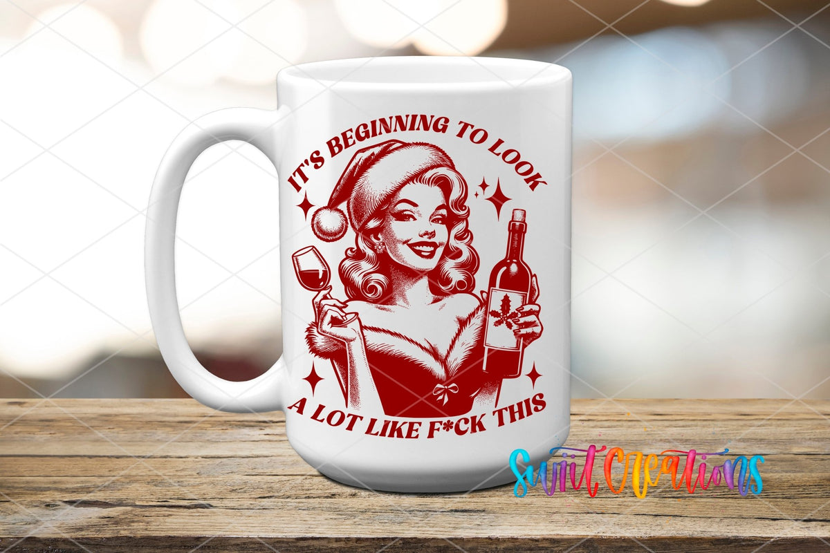 Swiit Creations UV DTF This Christmas Wine Lady transfer applied to a white ceramic mug