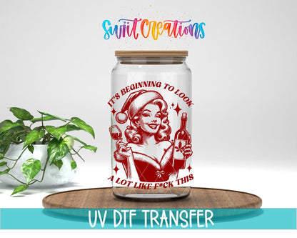 Swiit Creations UV DTF This Christmas Wine Lady transfer displayed on a clear jar mockup