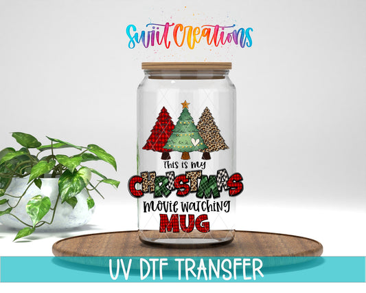 This Is My Christmas Movie Watching Mug UV DTF transfer displayed on a clear jar mockup from Swiit Creations