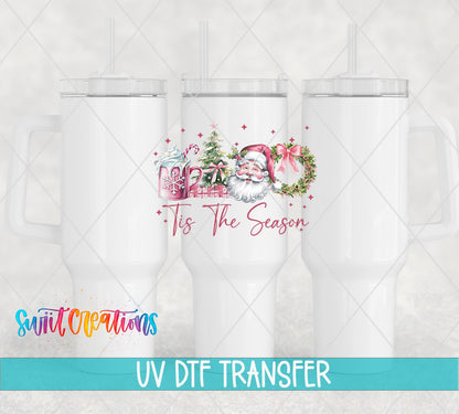 Swiit Creations UV DTF Tis the Season Christmas transfer shown on a white tumbler set