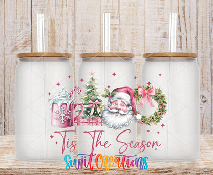 Swiit Creations UV DTF Tis the Season Christmas transfer shown on a clear glass can set