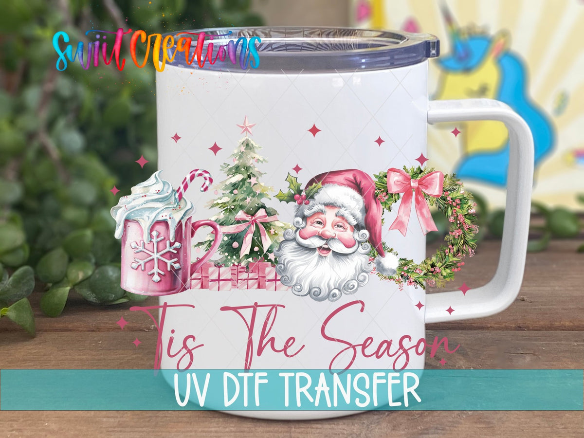 Swiit Creations UV DTF Tis the Season Christmas transfer displayed on a white coffee mug