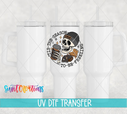 Swiit Creations UV DTF Tis The Season To Be Freezing transfer shown on a white tumbler set