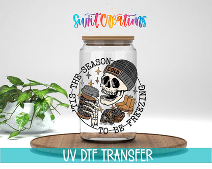 Swiit Creations UV DTF Tis The Season To Be Freezing transfer displayed on a clear jar mockup