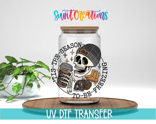 Swiit Creations UV DTF Tis The Season To Be Freezing transfer displayed on a clear jar mockup