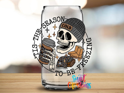 Swiit Creations UV DTF Tis The Season To Be Freezing transfer applied to a clear glass can