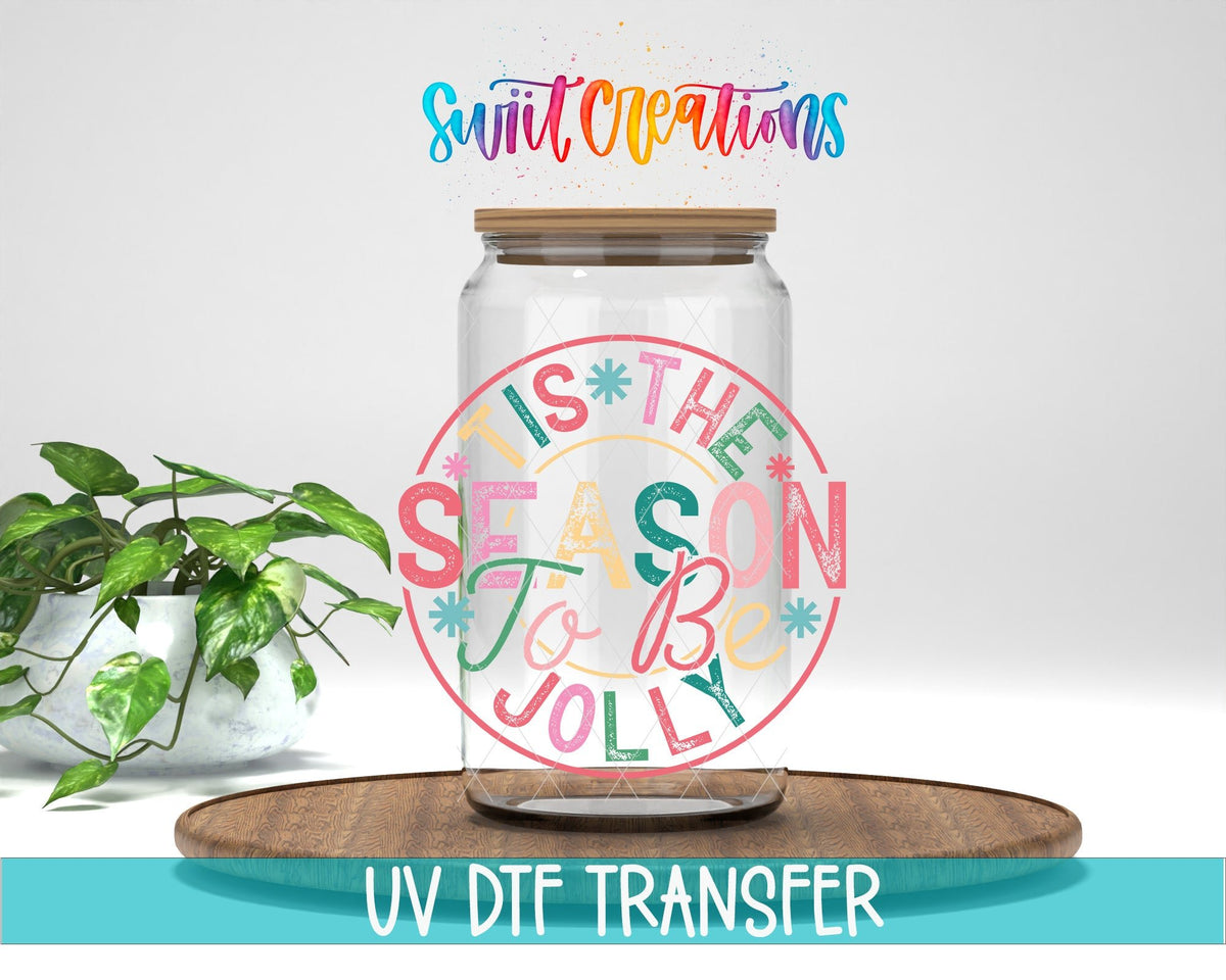Swiit Creations UV DTF Tis the Season to Be Jolly Christmas transfer displayed on a clear jar mockup