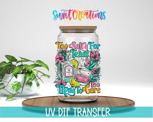 Too Salty To Care Tequila Tropical UV DTF transfer displayed on a clear jar mockup from Swiit Creations