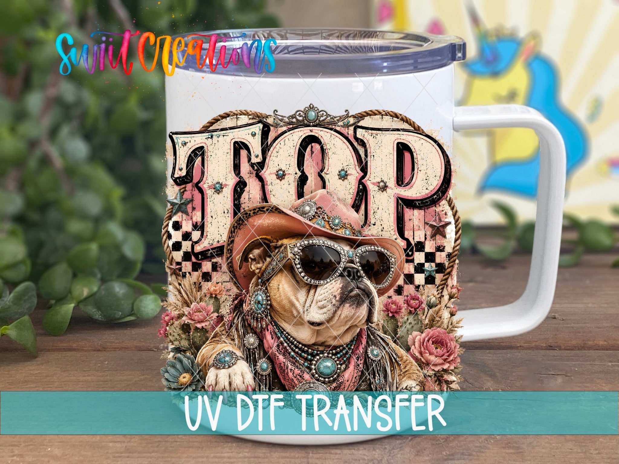 Top Dog Western Bulldog UV DTF Transfer | Retro Cowboy Dog Drinkware Design | UV2091 - Swiit Creations