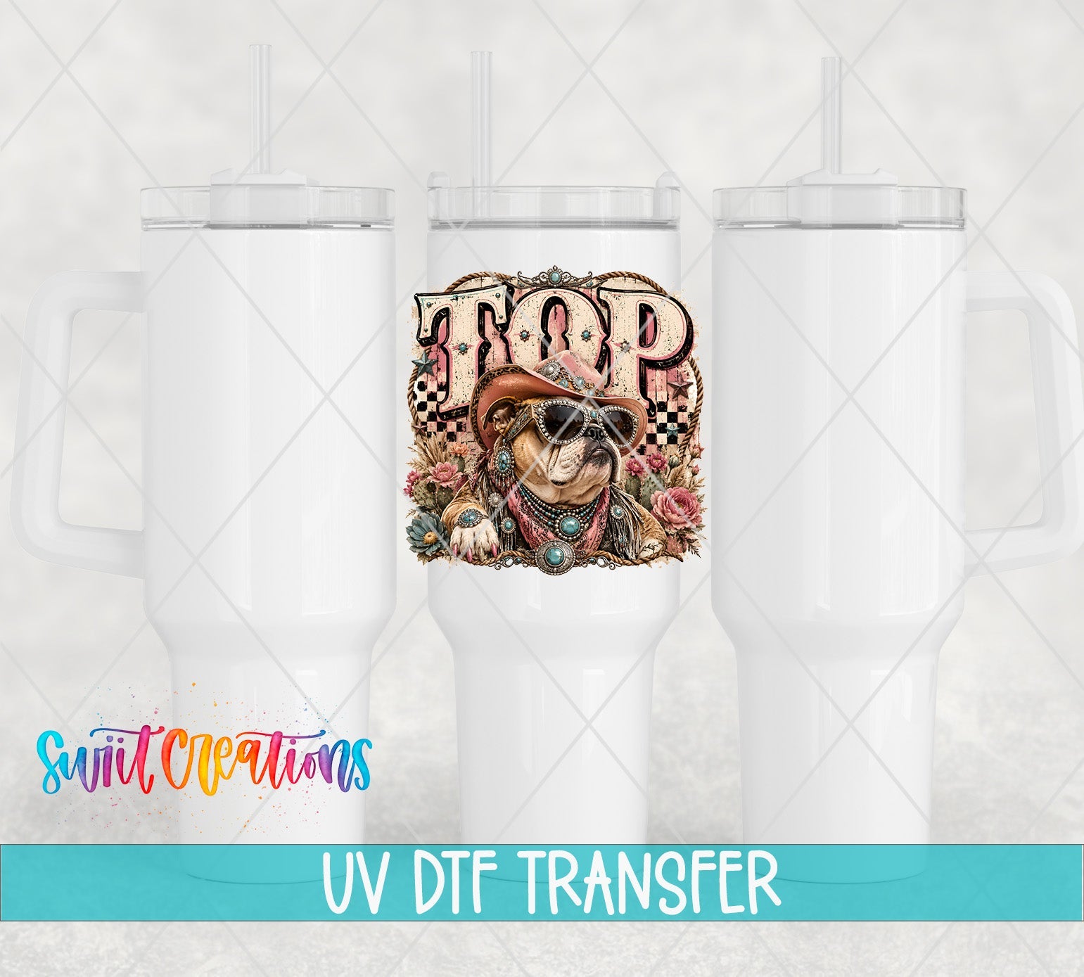 Top Dog Western Bulldog UV DTF Transfer | Retro Cowboy Dog Drinkware Design | UV2091 - Swiit Creations
